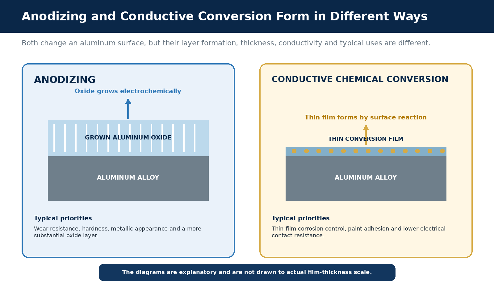 Engineering cross-section comparing anodizing, where an aluminum oxide layer grows electrochemically from the substrate, with conductive chemical conversion coating, where a thin reaction film forms on the aluminum surfa