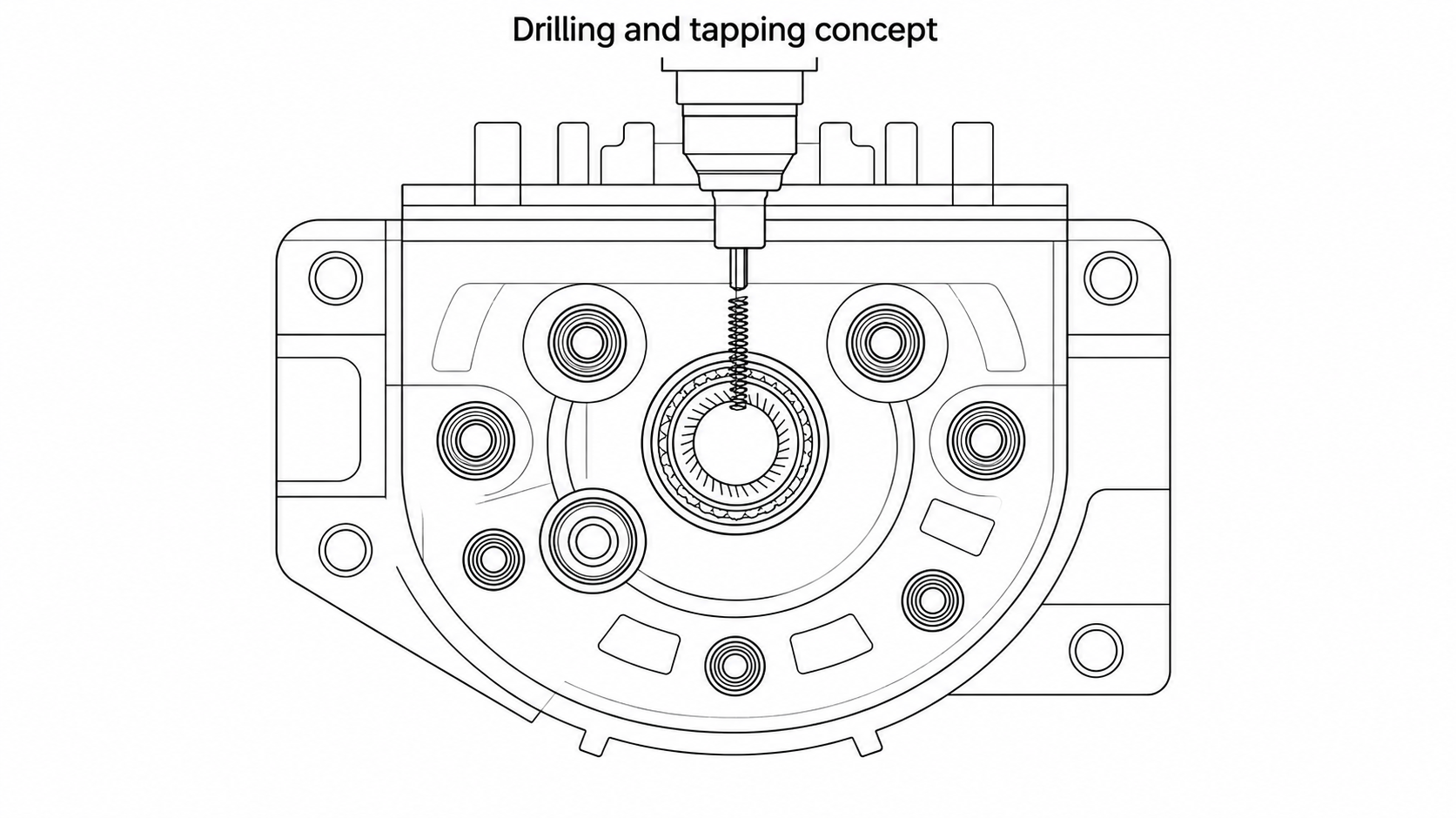 Conceptual front view of a motor housing with several possible fastener-hole positions and a tapping tool.