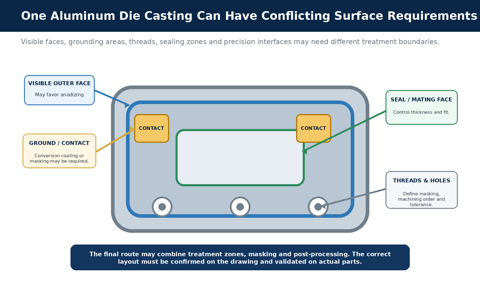 Engineering illustration of an aluminum die-cast housing with separate visible outer faces, grounding contact zones, sealing and mating surfaces, and threaded holes that require different treatment or masking decisions.