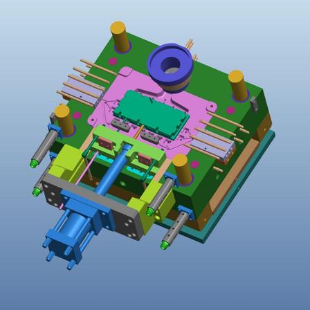 Colored 3D mold assembly showing plates and side mechanisms.