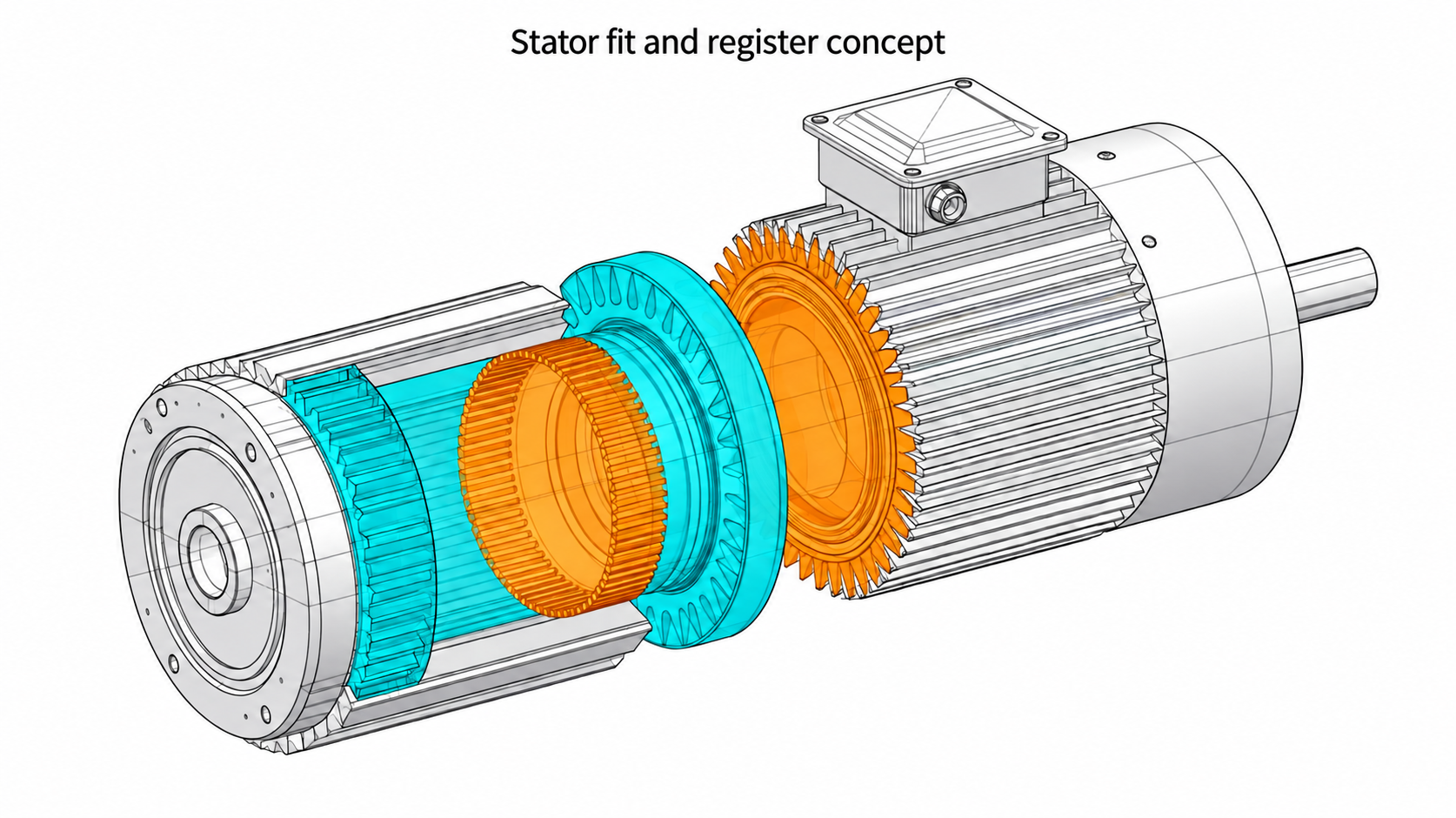 Conceptual cutaway of motor housing and motor assembly indicating possible stator fit bore and register interfaces without dimensions.