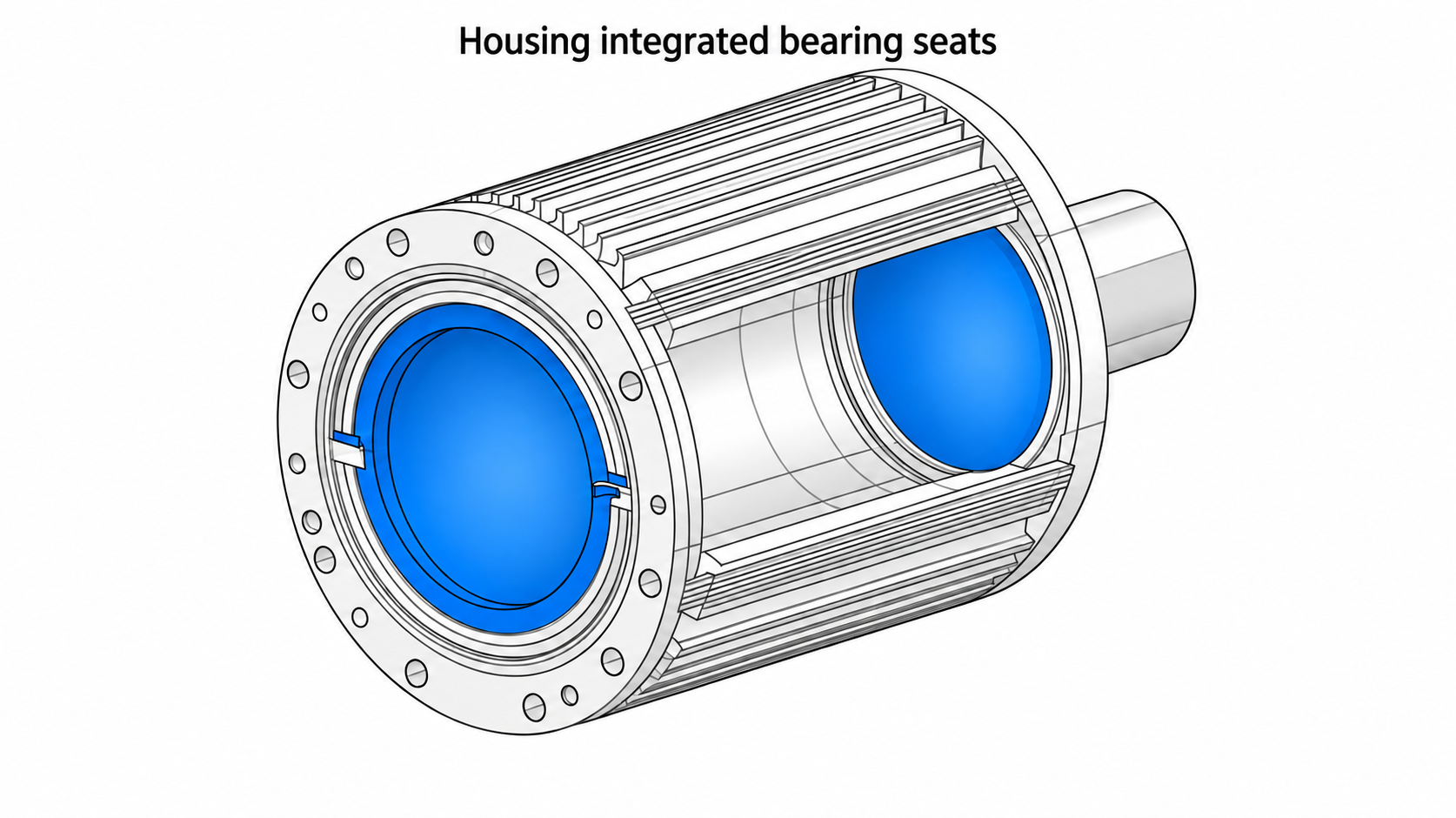Conceptual cutaway of a motor housing with two highlighted possible functional bore locations, representing one housing-integrated bearing-seat arrangement.