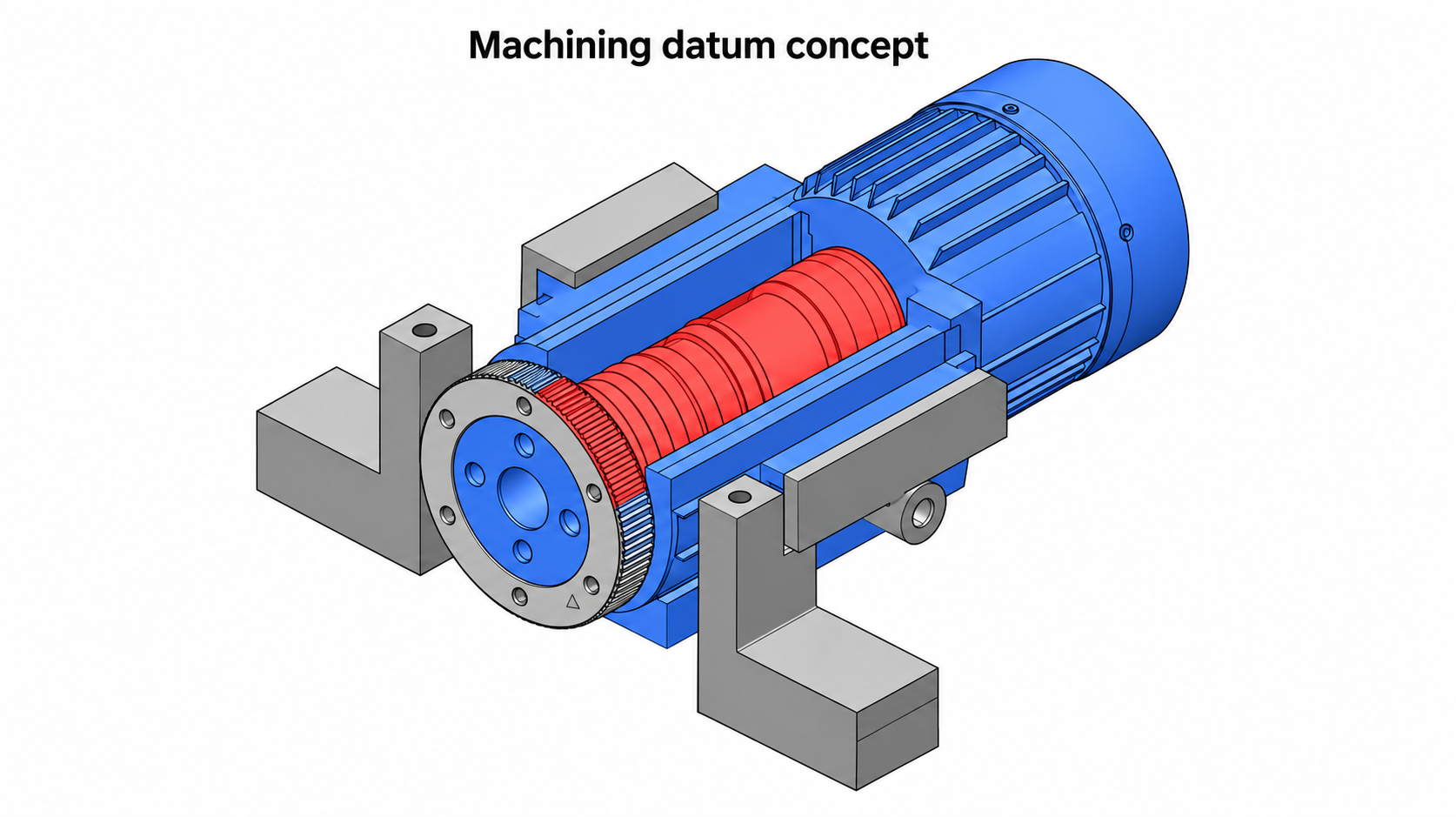 Conceptual blue motor housing positioned in a gray fixture to illustrate planning a repeatable machining datum scheme.
