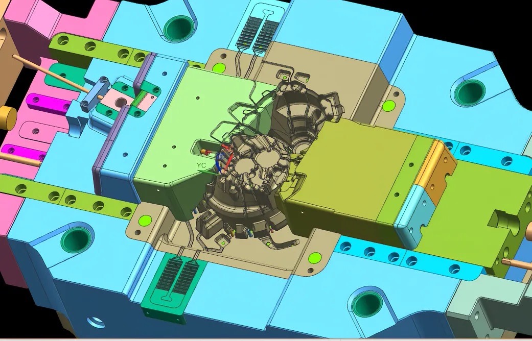 Close CAD view of a die casting cavity and core arrangement around a complex component, illustrating the interaction between part geometry and tooling inserts.