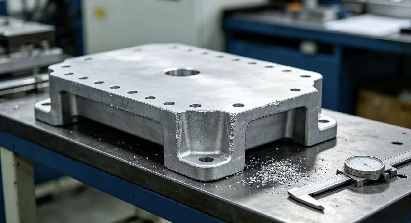 AI-generated concept of an aluminum enclosure flange with mounting ears and functional hole patterns.