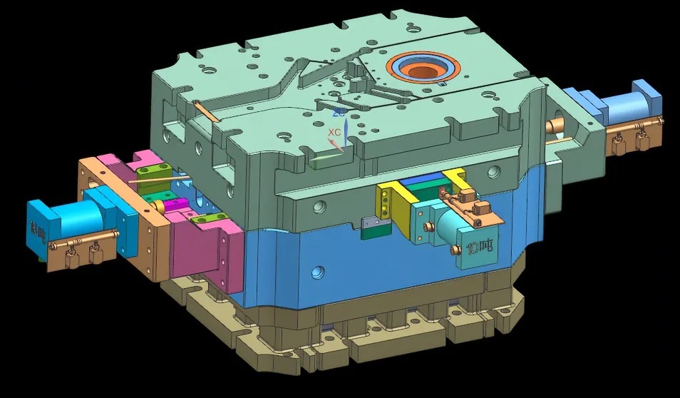 3D CAD view of a complex die casting mold assembly with multiple side-slide mechanisms, illustrating how tooling structure can influence aluminum die casting cost.