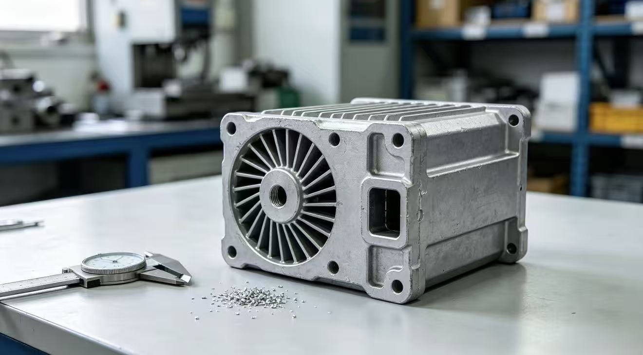 AI-generated concept of a cast aluminum enclosure with ventilation ribs, openings and mounting holes.