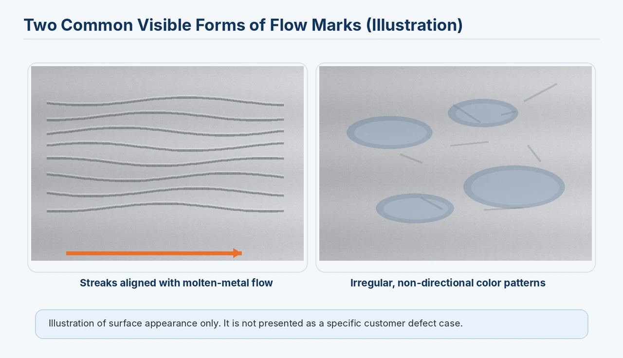 Explanatory illustration of two visible flow-mark forms. This is not an actual HSX customer defect photo.
