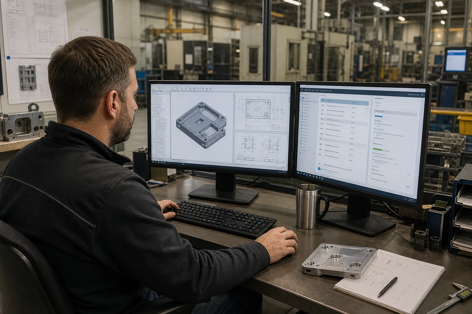 AI-generated concept image of an engineer reviewing CAD files and aluminum component requirements; not real customer evidence