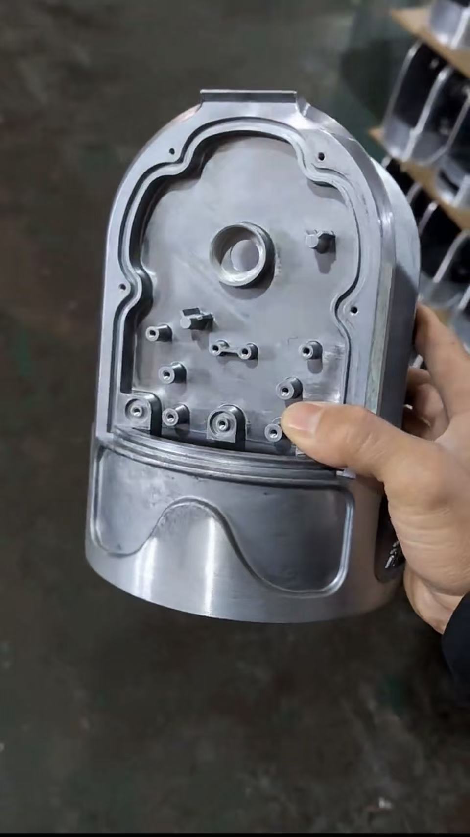 Interior of a partially processed custom aluminum die-cast part.